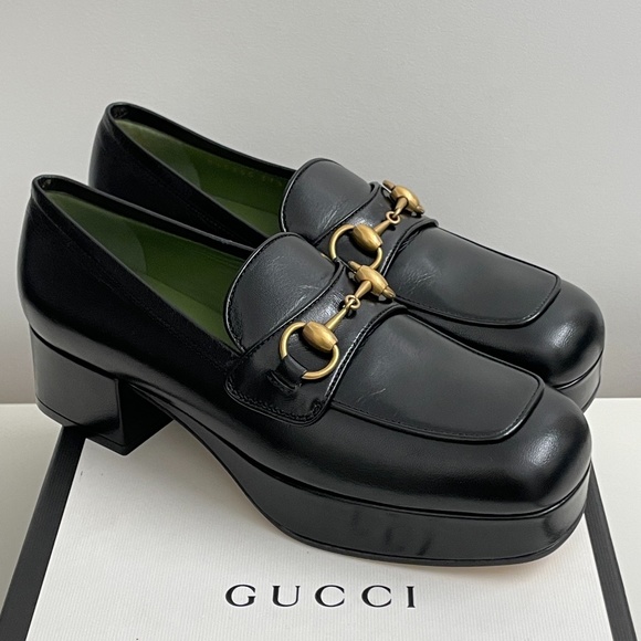 Gucci Black Platform Loafers with Gold Hardware - Picture 1 of 8